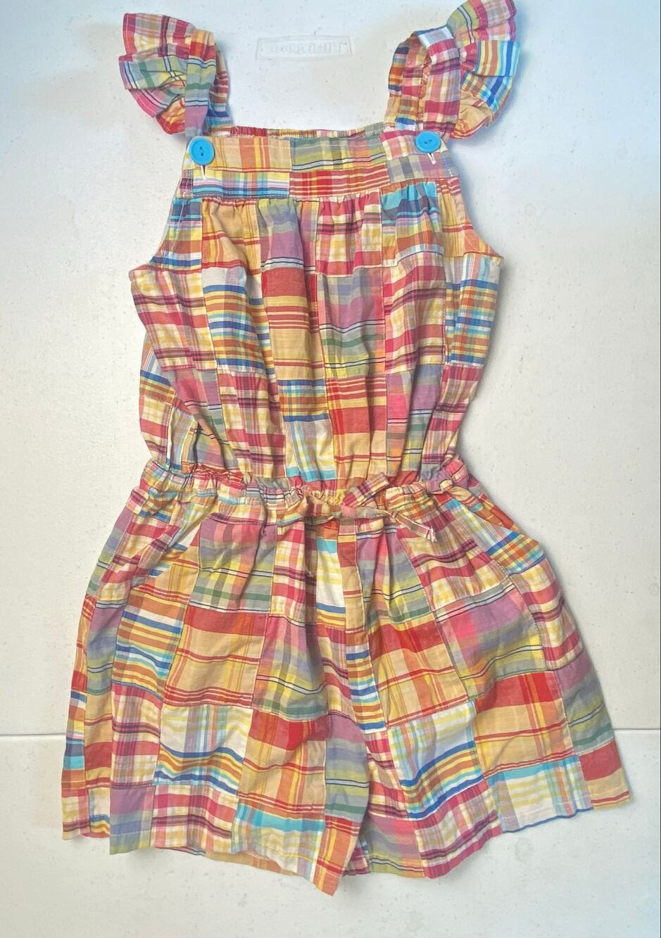 Kelly's Kids Madras Maya Romper Ruffle Straps Button Closure Girls Size 7-8